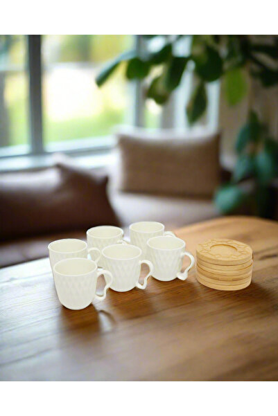 REDTAG White Embossed Tea Set With Bamboo Coaster (12 Piece)