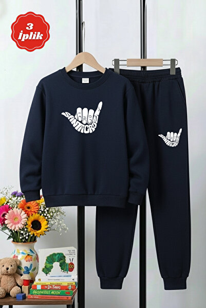 FYK KİDS 3-Ply Thick Round Neck Santa Cruz Print Detail Winter Boys' Tracksuit Set