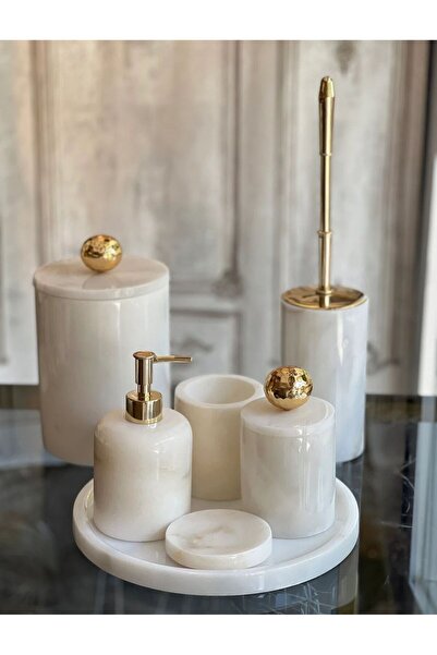 ege gross Dekoratif Beyaz Mermer Banyo Seti Takımı 7 Li Pirinç Aksesuar Detay...
