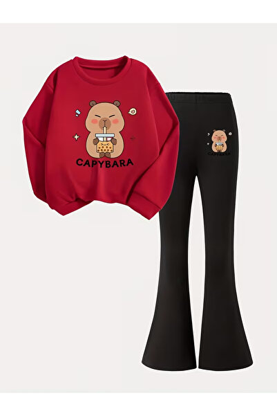 npLStore Children's Capybara Printed Sweatshirt Flared Tracksuit Set