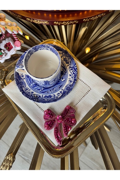 Hatice sakallı design Pink Ribbon Bow Embroidered Stone Coffee Side Presentat...