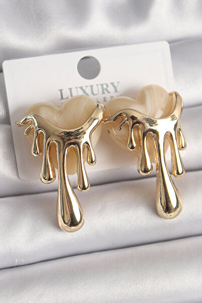 Mustran Brass Gold Color White Pearlescent Flowing Heart Model Women's Earrings
