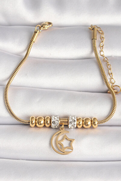 Mustran 316L Steel Gold Color Tube Chain Zircon Stone Detailed Dangle Moon Star Figure Women's Bracelet