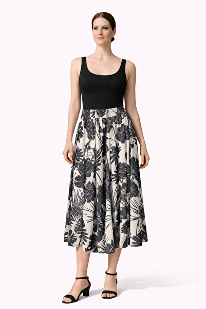 Batik Beli Lastikli Yırtmaçlı Emprime Etek