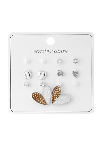 Pazarois طقم أقراط فضية اللون مع تفاصيل على شكل قلب من الأحجار واللؤلؤ