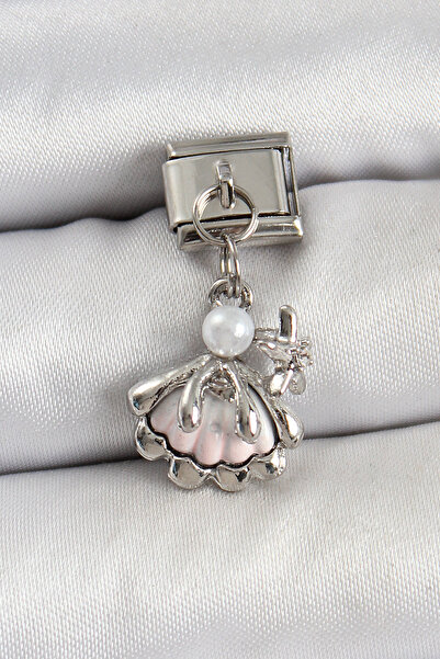 Mustran 316L Steel Dangle Pearl Detail Oyster Model Silver Color Nomination Charm