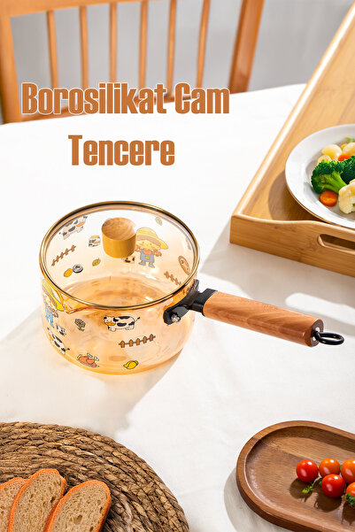 Porsima Ahşap Saplı Isıya Dayanıklı Borosilikat Cam Tencere Süt Potu | Termisil Ocak Üstü Cam Sütlük 1600cc