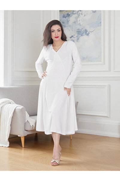 Finelook Elegant Long Sleeve A-Line Midi Dress for Women – Soft Stretch Fabric | Casual & Modest Style