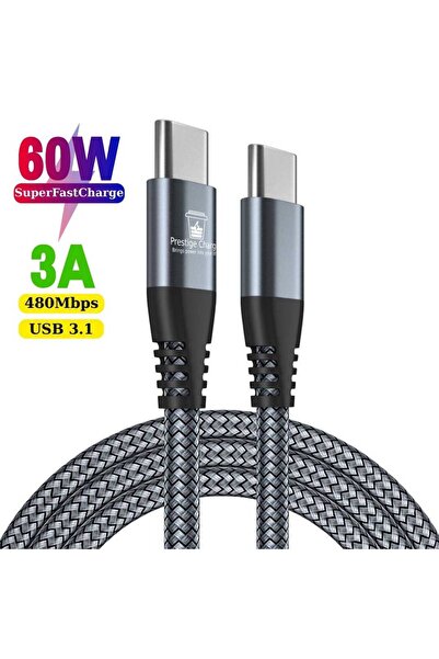 PRESTIGE CHARGE USB-C to USB-C PD 60W Cable, Data and Charging SuperFastCharge 25W/45W, Textile, Type C, 2m, Gray