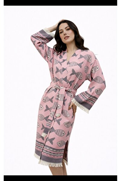 hat craft Kadın bornoz Balık desenli jakarlı pembe renk pamuklu %100 müslin p...