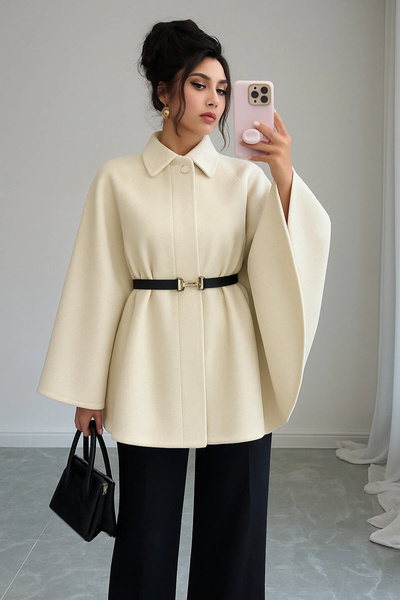 WODDİ W1-15078 Zarif Kadın Kemerli Kışlık Kaşe Panço Modelleri