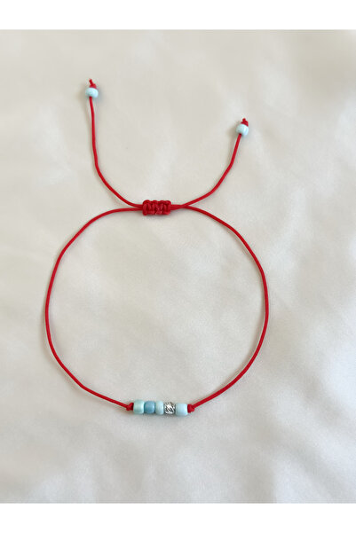 Femenino Gümüş Kaplama Dorika Boncuklu Mavi Boncuk Kırmızı İp Bileklik - Kara...