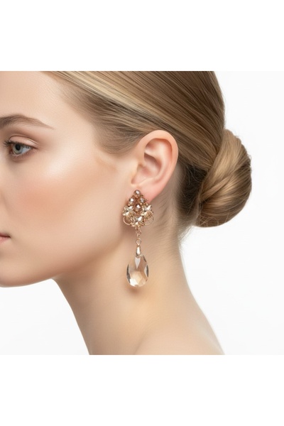 COCOSH TAKI Gold renk damla model kristal taşlı şık zarif abiye küpe