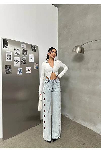 BALİNA Kalp Nakışlı Mavi Yıkamalı Baagy Jean Bordo-THE SOLO