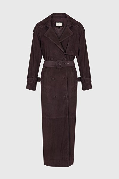 İLVİ Kristi Hakiki Süet Deri Mürdüm Kadın Trençkot