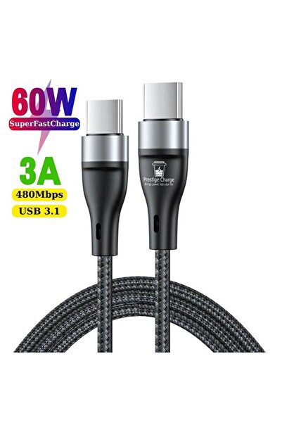PRESTIGE CHARGE USB-C to USB-C PD 60W Cable, Data and Charging SuperFastCharge 25W/45W, Textile, Type C, 1m, Gray