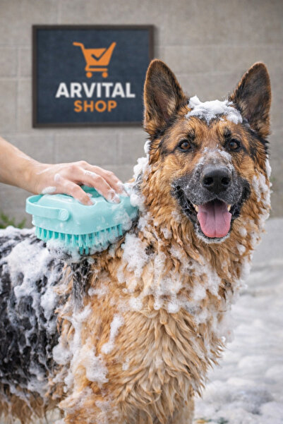 Arvital Şampuan Hazneli Silikon Köpek Yıkama Fırçası Köpük Veren Masajlı Evci...