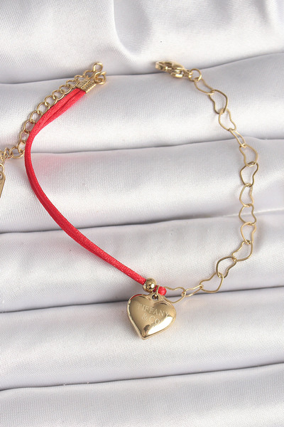 Mustran 316L Steel Gold Color Chain Red Rope Model Hanging Heart Figure Engra...
