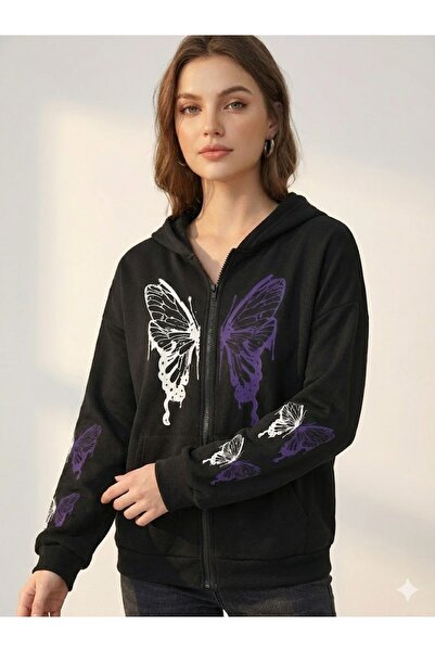 PENTHİLUS سترة نسائية بسحاب على شكل فراشة مطبوع بغطاء رأس - هودي بغطاء رأس - ...