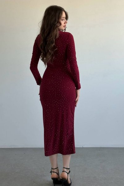 moda poni Rochie cu mâneci lungi cu detaliu drapat și strasuri - Burgundy