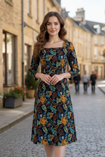 Yağmur Butik Kare Yaka Pazen Elbise