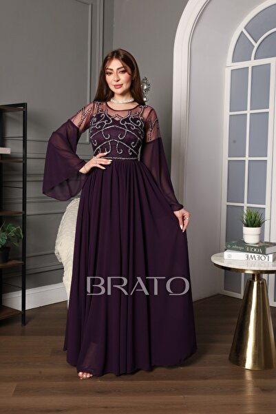 BRATO Lilac chiffon dress with elegant embroidery