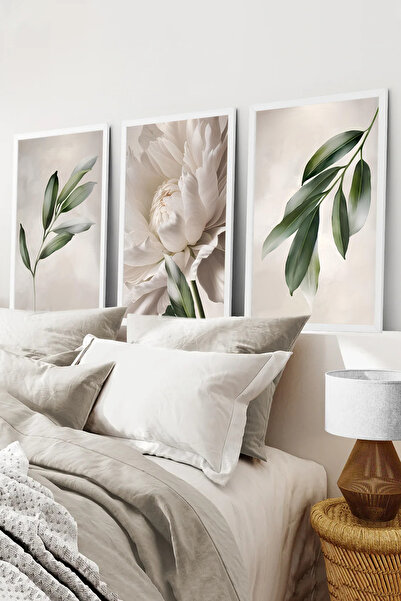 kutuTR Beyaz Çerçeveli 2D UV Baskı 3’lü MDF Tablo Set – Doğal Çiçek ve Yaprak...