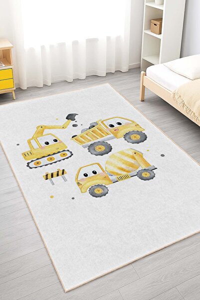 Realhomes Sevimli İnşaat Araçları Desenli Yıkanabilir Dikdörtgen Çocuk Odası ...