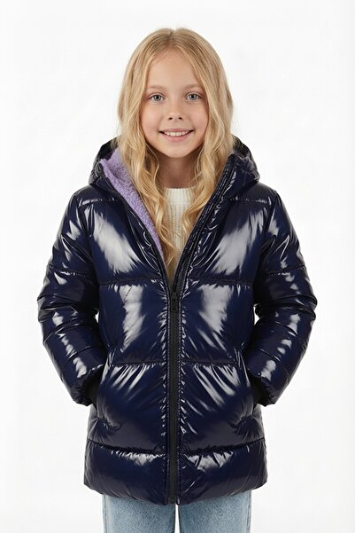 DUBLİNO KİDS BLUE SHINY - Manta pentru fete K cu glugă rezistenta la apa si vant cu interior mov Welsoft