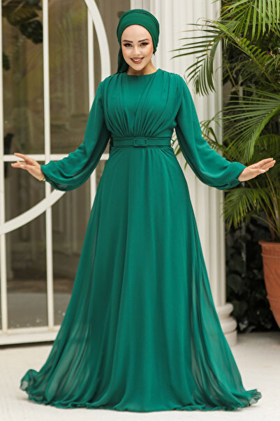 N.S NEVA STYLE Belted Light Green Hijab Evening Dress 5422Ay