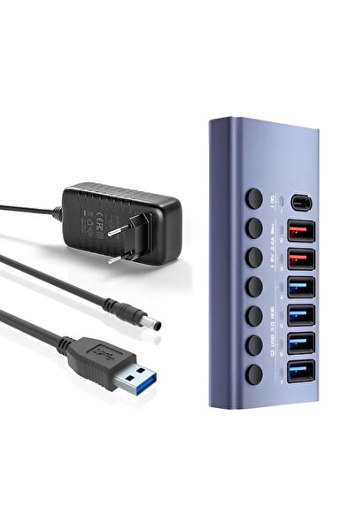 PRESTIGE CHARGE 7in1 USB Hub, ON/OFF Button, Aluminum, 4xUSB 3.0 + PD 20W, 2xQC3.0 Charging, 36W Power Adapter Included