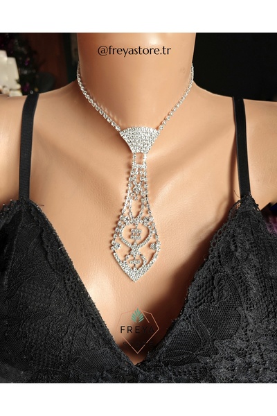 Freya Taşlı Parlak Abiye Party Kravat Kolye