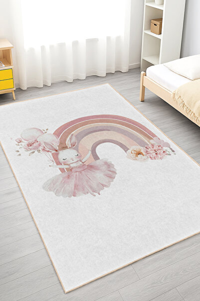 Realhomes Pembe Gökkuşağı Desenli Çocuk Odası Yıkanabilir Dikdörtgen Kaymaz T...