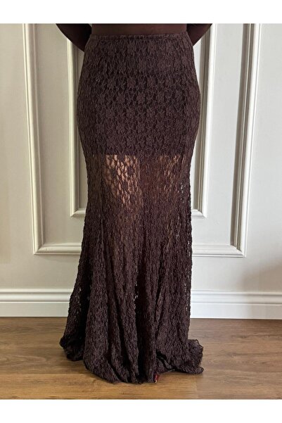 inmuse Brown Lace Patterned Lined Maxi Skirt
