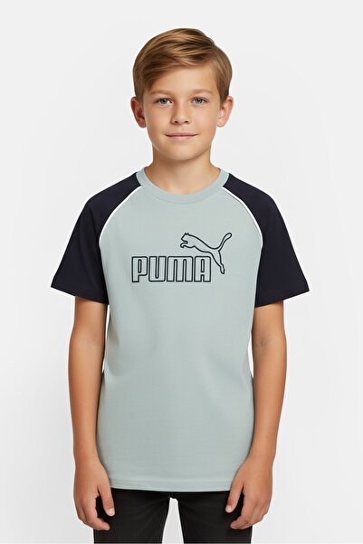 Puma تيشيرت رياضي قصير الأكمام للأطفال الأولاد، لون أخضر رمادي