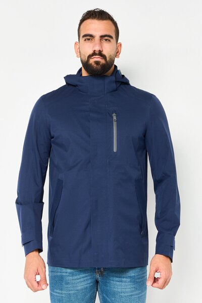 Geox جاكيت رجالي سادة بغطاء رأس مقاوم للرياح، لون كحلي