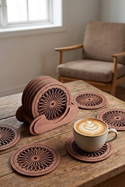 ZV Tasarım Atölyesi Standlı 6'lı Ahşap Bardak Altlığı Seti - Model 12