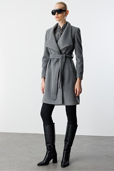 Moda İlgi Modailgi Kruvaze Kapamalı Yandan Kuşaklı Devrik Yaka Kaban Gri