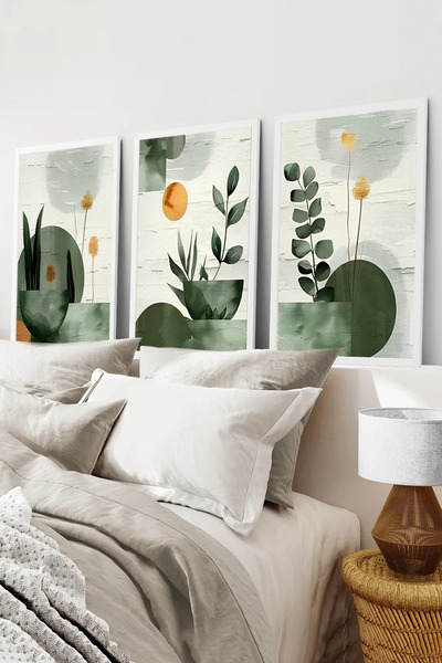 kutuTR Beyaz Çerçeveli 2D UV Baskı 3’lü MDF Tablo –Yeşil Tonlu Modern Botanik...
