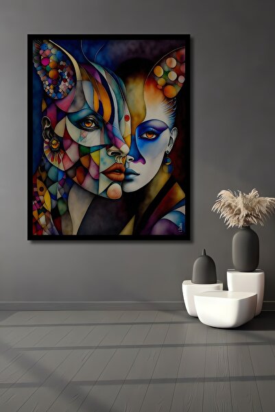 Beta Moda Hub Çerçeve Görünümlü Renklerin Dansı Soyut Sanat Yağlı Boya Görünümlü Ahşap Dekoratif Ofis,Mutfak Tablo