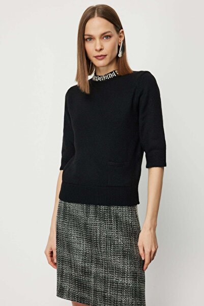 ON Yakası Taşlı Kısa Kollu Triko Kazak