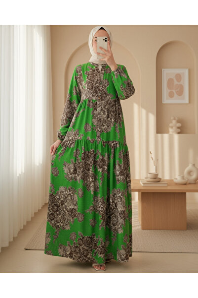 Modamorfo 2423 Authentic Patterned Hijab Dress - Black - Green