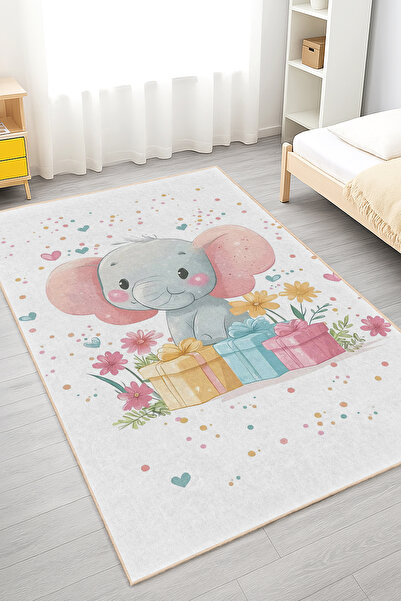 Realhomes Eğlenceli Fil Desenli Yıkanabilir Dikdörtgen Çocuk Odası Halısı