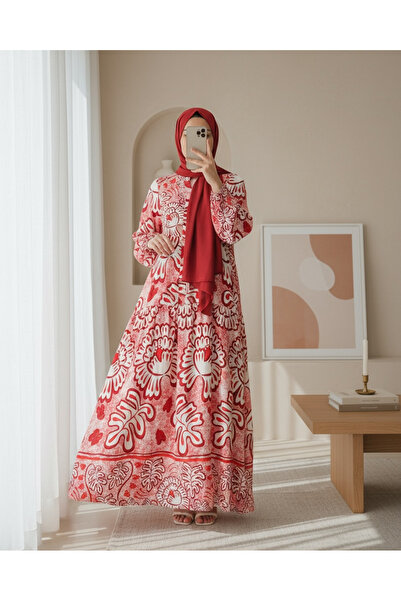 Modamorfo 2423 Authentic Patterned Hijab Dress - N. Red