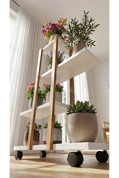 ENG AHŞAP Modern Tekerlekli Ahşap Çiçeklik Standı - 4 Raflı Dekoratif Saksı S...
