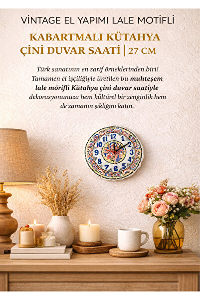 onyyapim VİNTAGE EL YAPIMI LALE MOTİFLİ KABARTMALI KÜTAHYA ÇİNİ DUVAR SAATİ |...