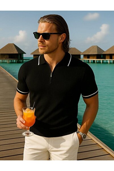 WE AND ME Men's Summer Zip-Up Polo Neck Thin Knit T-Shirt