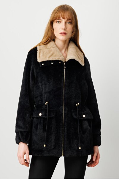 Moda İlgi Modailgi Beli Tünelli Çıtçıt ve Fermuar Kapamalı Alcantara Kaban Siyah