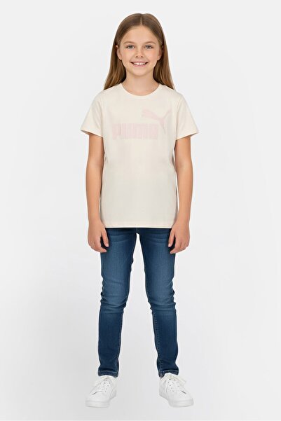 Puma تيشيرت بناتي بأكمام قصيرة ورقبة دائرية، لون بيج