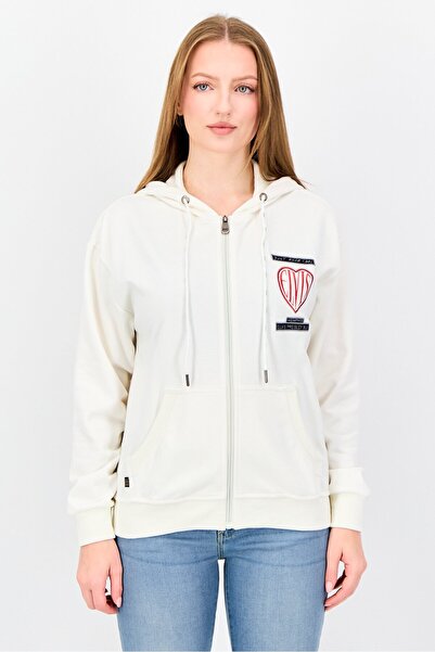 Elvis هودي نسائي بأكمام طويلة وشعار مطرز، لون كريمي